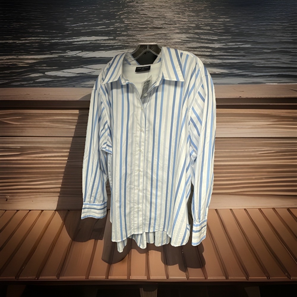 Lane Bryant Shirt Womens 22/24 Blue White Blue Stripe Button Down Long Sly #3616